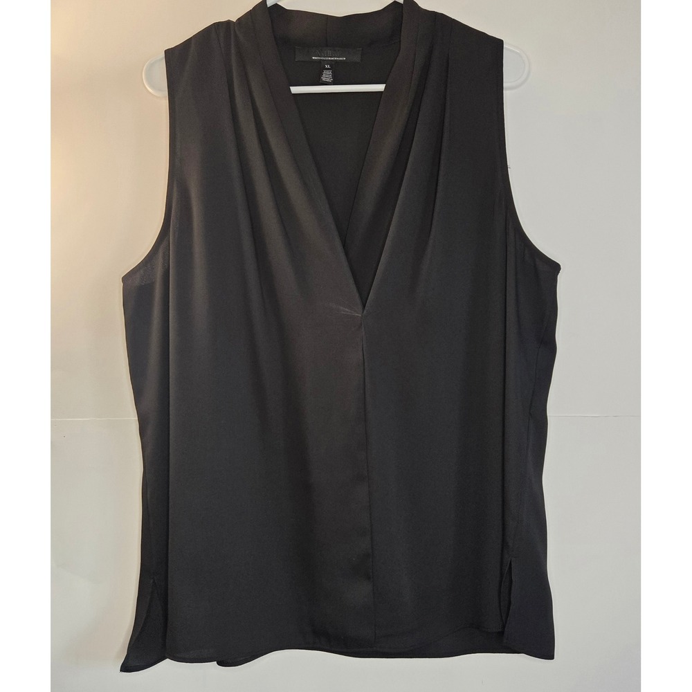 White House Black Market Black Sleeveless V-Neck Pleated Blouse XL Minimalist